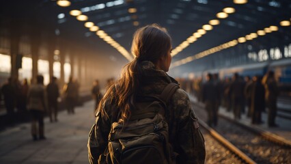 Solitude in Service: Back View of Female Soldier Waiting Alone at Train Station - obrazy, fototapety, plakaty