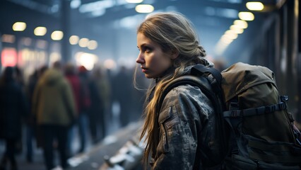 Silent Vigilance: Back View of Female Soldier in Camouflage, Waiting at Train Station