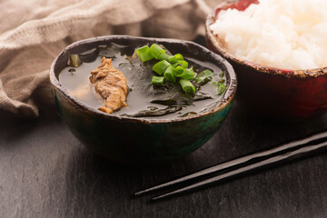 Close-up of Korean Seaweed Soup Miyeok Guk in a serving bowl