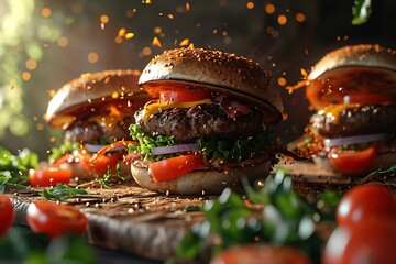 Ultra-realistic 3D burgers falling in the air with grilled meat, presented in a detailed angle view...