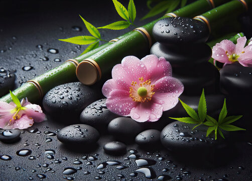 Pink flower with black peeble stone and bamboo grove on wet black background