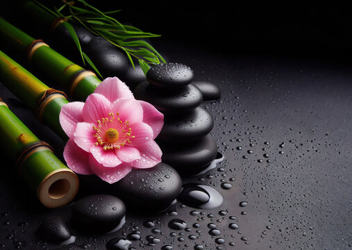 Pink flower with black peeble stone and bamboo grove on wet black background