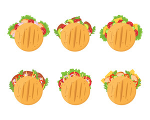 Collection of traditional Colombian arepa with different fillings. Vector illustration