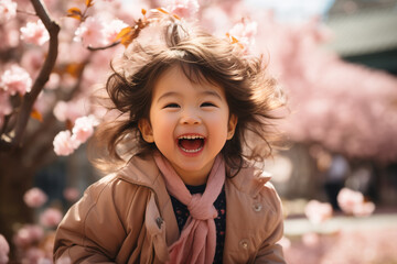 Bella bambina di origini asiatiche corre felice in mezzo ai fiori di ciliegio in primavera