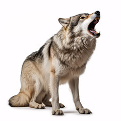 A howling gray lupine alone on a pristine background.