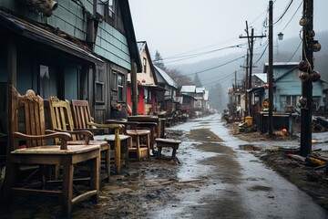 A somber, foggy street scene with empty chairs and derelict buildings