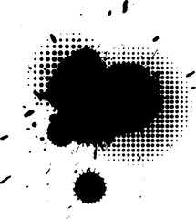 black ink painting dropped splatter splash with halftone graphic on white background