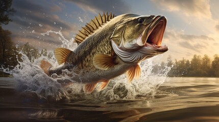 Huge-mouthed bass leaping from the sea. - obrazy, fototapety, plakaty