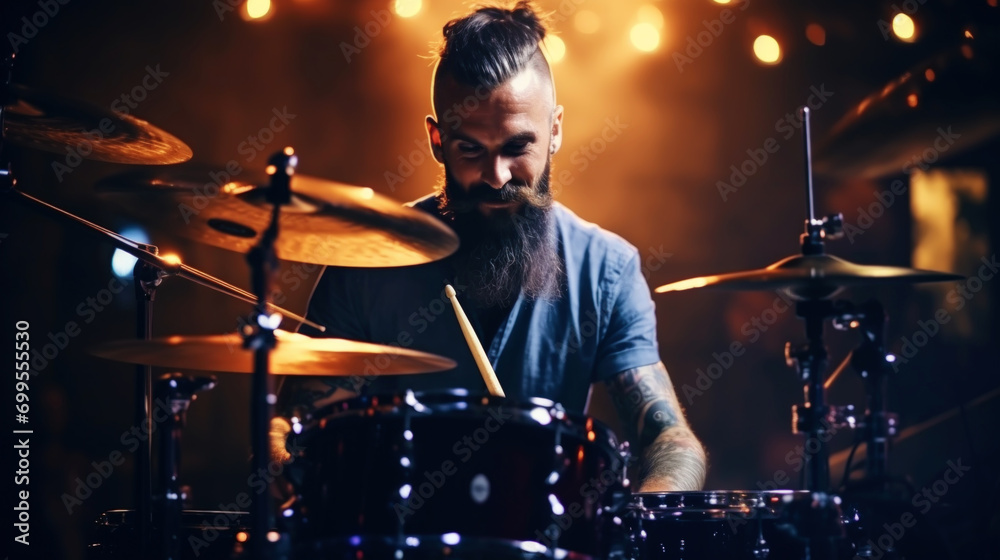 Wall mural close-up of a drummer with a beard playing the drums on a festive background. rock concert concept. 