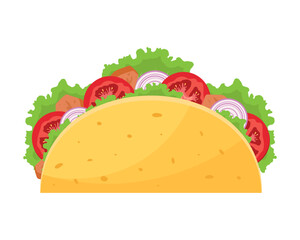 Tacos with meat and vegetables. Traditional Mexican fast food. Vector illustration.