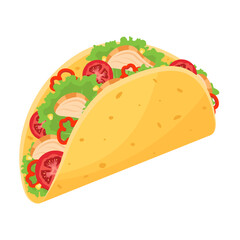 Tacos with chicken and vegetables. Traditional Mexican fast food. Vector illustration.