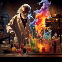 A scientist in a lab conducting experiments with colorful liquids.