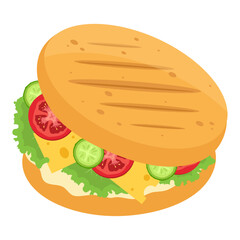 Traditional Colombian arepa with cucumber, tomato cheese and herbs. Vector illustration.