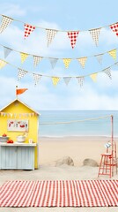 A colorful beach kiosk under a festive bunting on a sunny beach