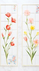 Elegant tulips and daffodils arranged on white tiled frames with floral patterns