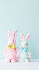 Obraz premium Two fluffy Easter bunnies with bows against a soft blue background