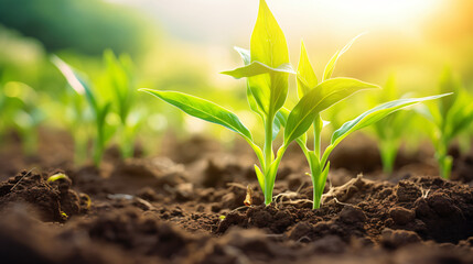 Corn field with young plants on fertile soil promotion - obrazy, fototapety, plakaty