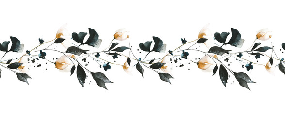 Watercolor painted floral seamless border frame. Black ginko biloba leaves, orange poppies, dark blue wild flowers, branches. Hand drawn illustration template. Watercolour artistic template design.
