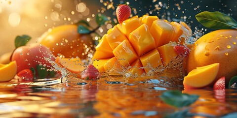 Vibrant mango papaya juice explosion, bursting with summer flavor and ripe tropical fruits. - obrazy, fototapety, plakaty