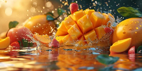 Poster Vibrant mango papaya juice explosion, bursting with summer flavor and ripe tropical fruits. © ckybe