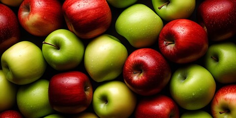 A mix of scarlet and emerald apples with a backdrop of matured apples. - obrazy, fototapety, plakaty