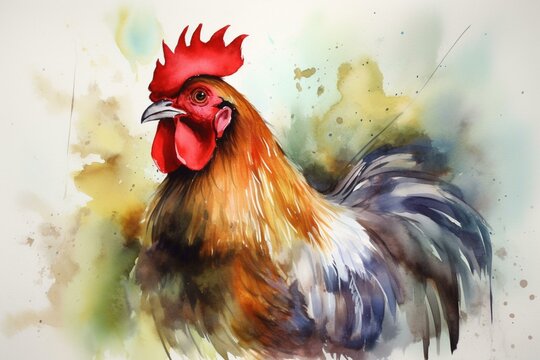 Watercolor rooster painting on paper canvas. Generative AI