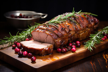 Roasted pork loin with cranberry and rosemary - obrazy, fototapety, plakaty