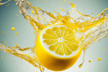 citrus splashes. on a gradient background yellow lemon with splashes of juice and water, creative concept - obrazy, fototapety, plakaty