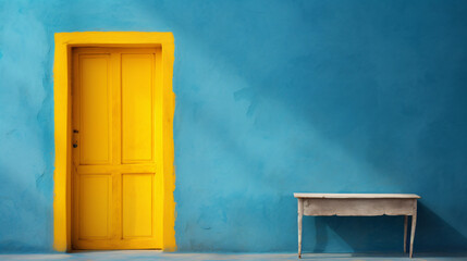 Yellow door on a blue background