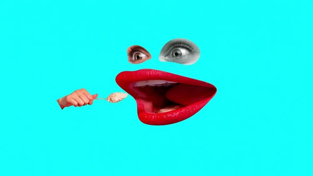 Gian female mouth with red lipstick eating spoon with porridge over blue background. Breakfast. Stop motion, animation. Concept of food, taste, surrealism, creativity. Pop art style. Poster, ad