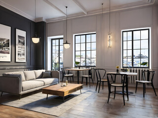 Frame mockup, ISO A paper size. Living room wall poster mockup. Interior mockup with house background. Modern interior design. 3D render, generative ai, cafe