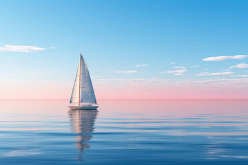 Sailboat on Tranquil Pink Sunset Waters.