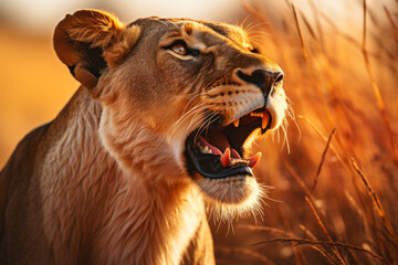 Lioness Roaring at Sunset in the Wild.
