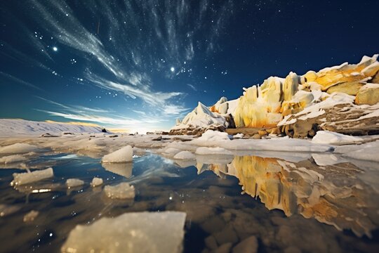 shimmering ice crystals on a lake shore under moonlight