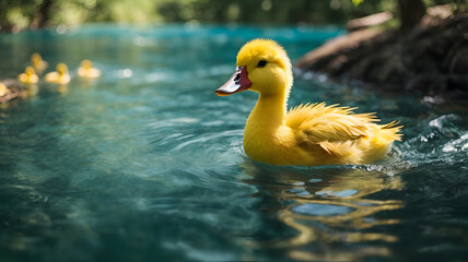 Cute Yellow Duckling  Swimming In Pond Water