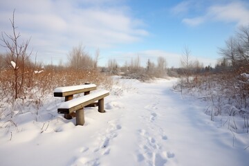 single trail to bench in a snowy landscape