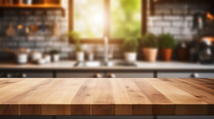 Empty wooden counter in the kitchen. Table top in the kitchen. Empty kitchen counter.
