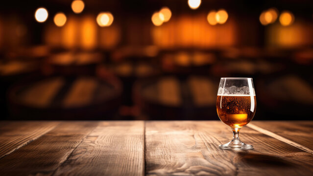 Photo of a glass with alcohol on the background of a cellar with alcohol barrels. Wallpaper. Drink.
