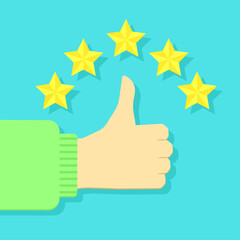 The client gives five gold stars and praises. The client gives the rating five stars. Vector illustration