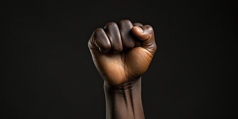 Black child fist clenched, ultra realistic. Isolated background. BRight photograph, HD copy space