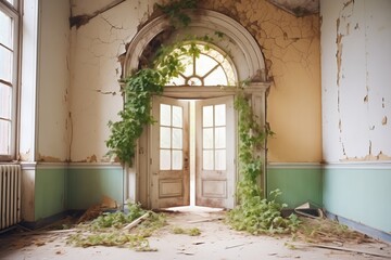 Fototapeta na wymiar ivy-covered arched doorway leading to an abandoned chapel nave