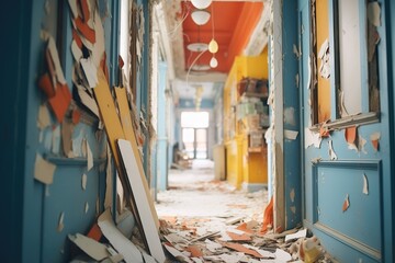 collapsed hallway with peeling paint and debris