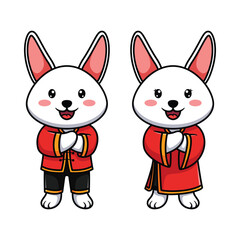 Two adorable bunnies in festive red kimonos are standing and smiling
