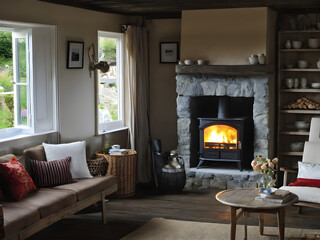 Frame mockup, ISO A paper size. Living room wall poster mockup. Interior mockup with house background. Modern interior design. 3D render, generative ai, ai