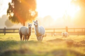 alpacas roaming in golden hour light - obrazy, fototapety, plakaty