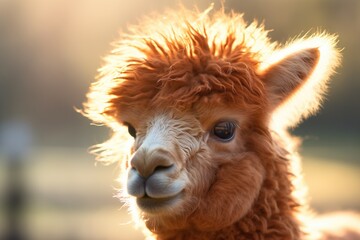 Fototapeta premium warm sunlight on fluffy alpaca head close-up