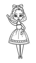 Coloring page girls doll line art. Woman in housewife dress. Hand drawn illustration.