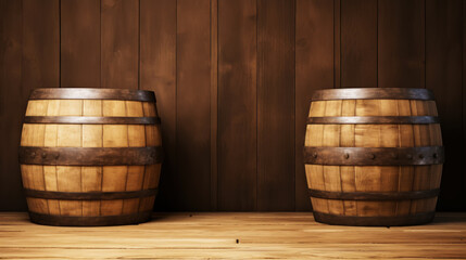Two wooden barrels on wooden background in cellar of vinery. Generative AI