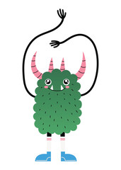 Cute fuzzy and green monster creature with long arms and horns. Childish monster character. Hand drawn isolated vector illustration