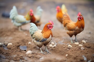 Fototapeta premium vibrant brown chickens foraging in the dirt